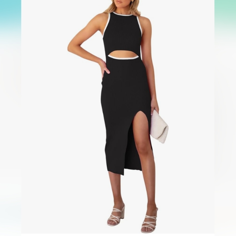 Sleeveless Black Midi Dress with Cutout and Contrast Trim